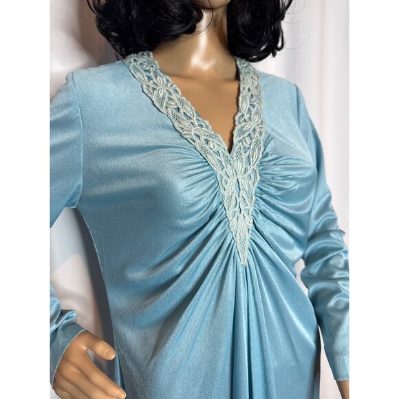 Vintage 60's OOAK unbranded laced V neck blue long sleeved maxi dress small - Picture 5 of 16